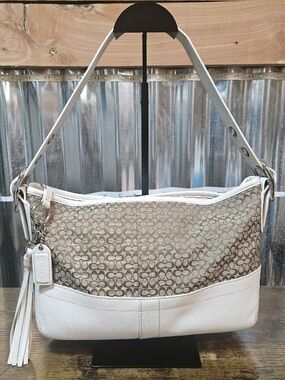 Coach Beige Signature Jacquard and White Leather Shoulder Bag